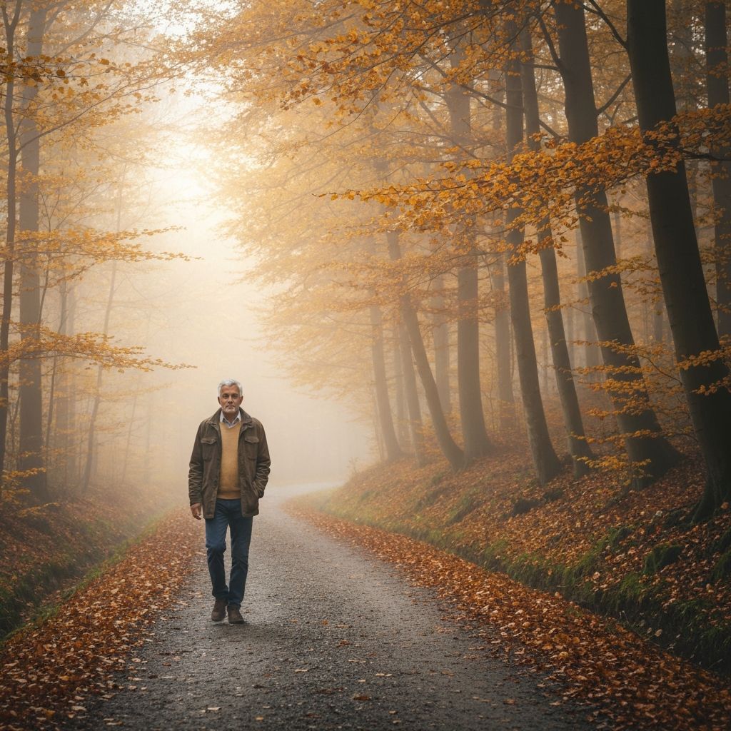 A person walking calmly in a natural landscape suggesting reflection and resilience
