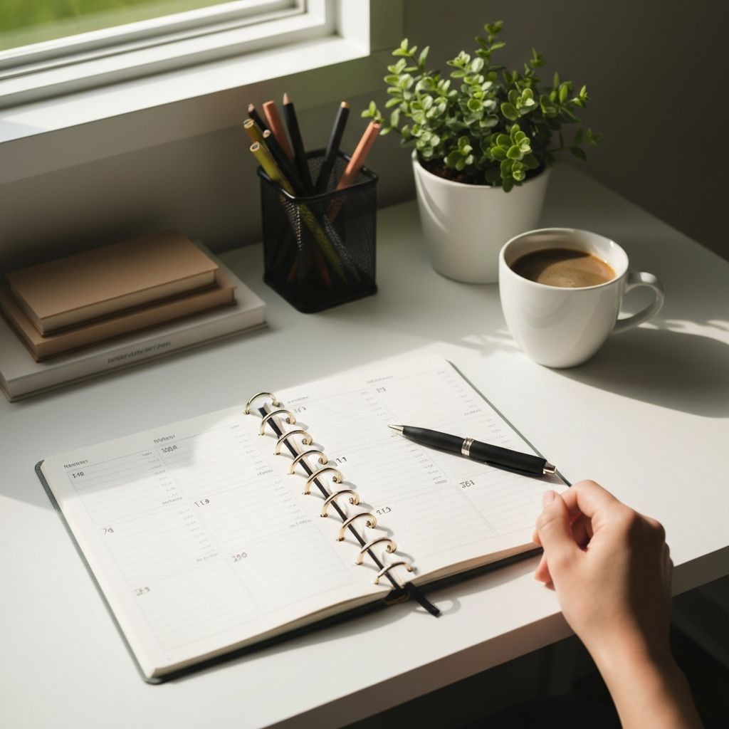 Organized, calm desk or planning space representing structured daily routines