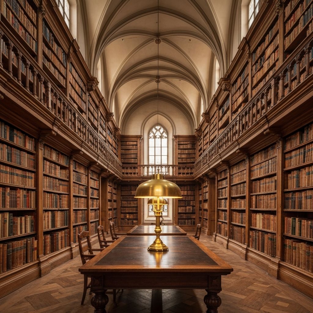 Library or scholarly setting evoking the study of historical wisdom traditions