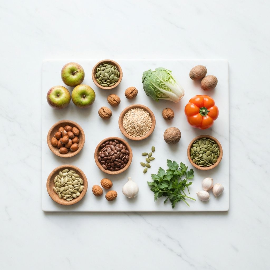 Simple arrangement of natural foods and plant-based ingredients in a minimalist setting