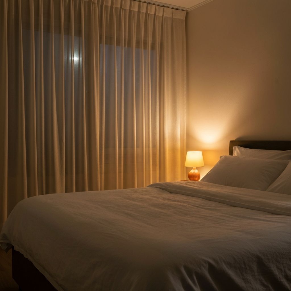 Calm, dimly lit interior space evoking rest and quiet — symbolic of sleep environment